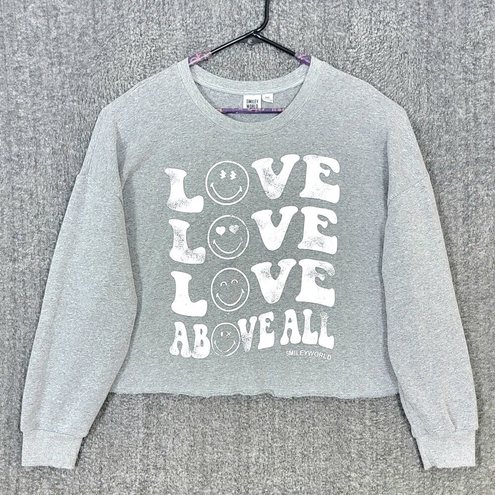 Smiley World Sweatshirt Womens XXL Gray Love Above All Oversized Crop Fleece